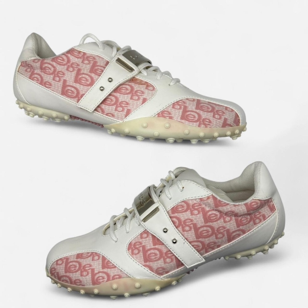 Bebe Y2K Monogram Logo Sneakers White Pink Metal Plate Strap Womens 8